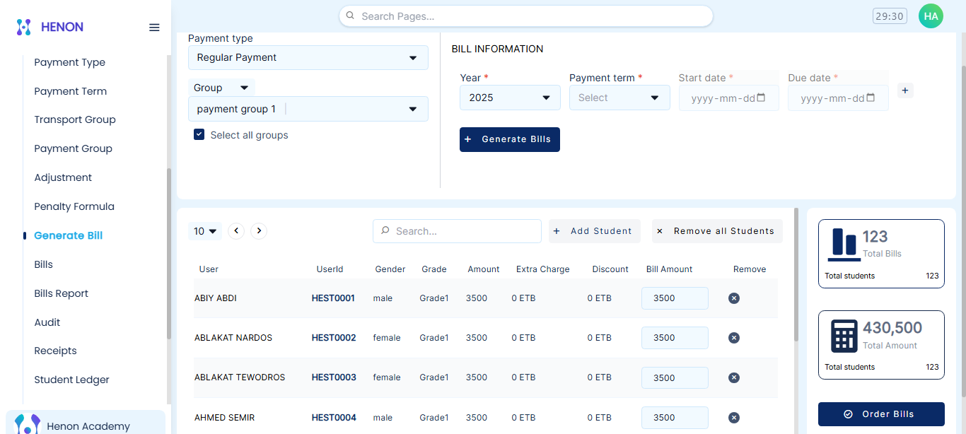 Bill Generation | Henon E-School